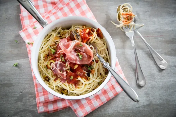 Image recette Spaghetti aux aubergines, parmesan et jambon de Parme