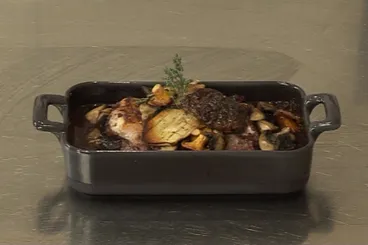 Image recette Râble de lapin confit aux échalotes grises, vin rouge et champignons