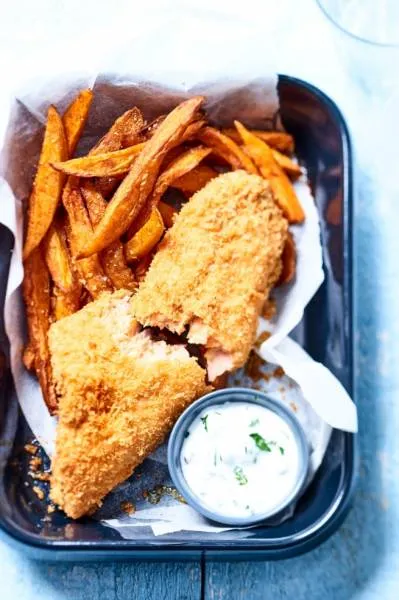 Image recette Fish and chips de truite, frites de patates douces aux épices