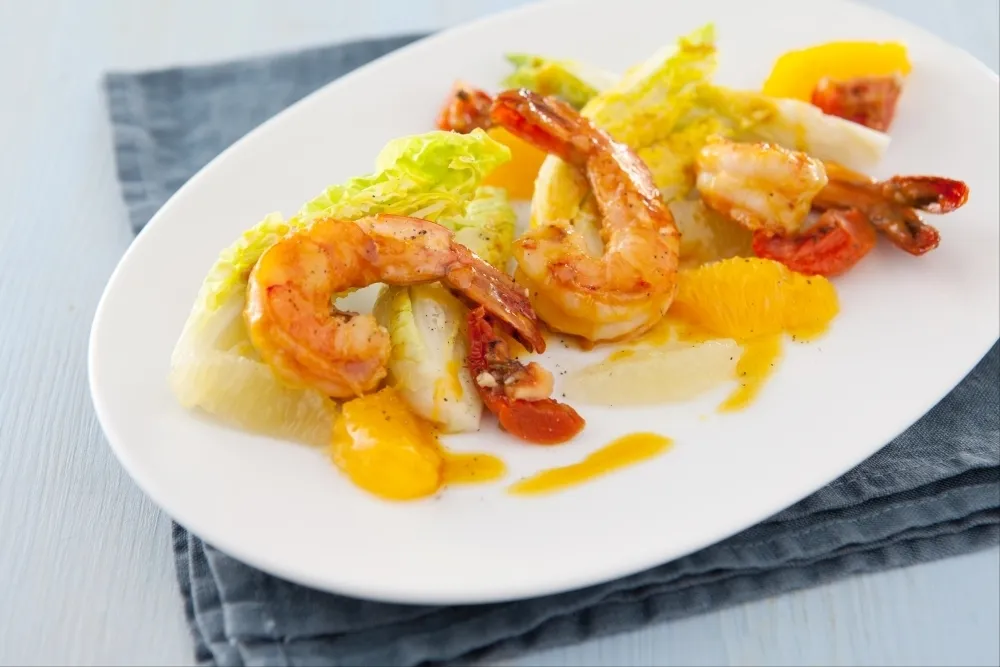 Recette Salade de gambas, vinaigrette onctueuse orange moutarde aigredouce
