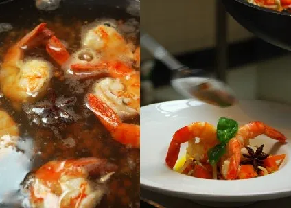 Image recette Nage de gambas à l'anis étoilé, wok de légumes croquants