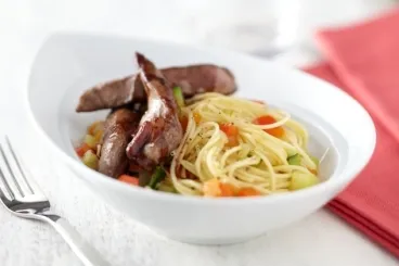 Image recette Capellini, minestrone de petits légumes au pecorino, aiguillettes de canard 