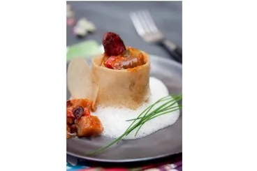 Image recette Ecrins croustillants à la ratatouille, chorizo et émulsion au parmesan